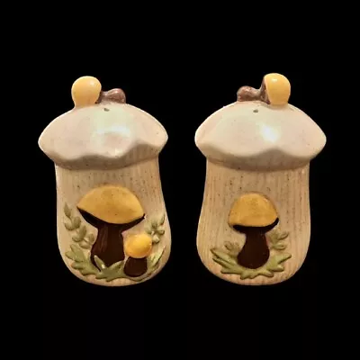 Vintage Mushroom Salt & Pepper Shakers Retro Kitchen 4.25” Yellow Brown 1970s • $16