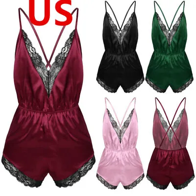 US Mens Pajamas Strappy X-back Lace Trimmed Shiny Satin V-neck Bodysuit Romper • $3.39