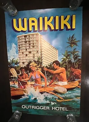 1960's HAWAII VINTAGE TRAVEL POSTER: WAIKIKI OUTRIGGER HOTEL Lithograph • $100