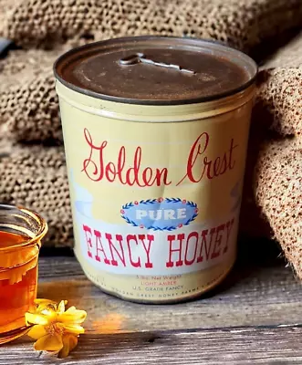 Vintage Golden Crest Honey Farms 5lb Tin Can With Key Advertising Decor Prop NOS • $119.99