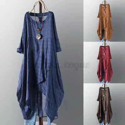 $24.65 • Buy AU STOCK Womens Asymmetrical Waterfall Long Sleeve Midi Dress Plaid Casual Tops 