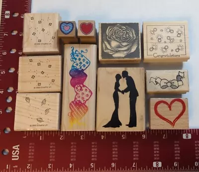 Wood Mounted Rubber Stamps Wedding Love Hearts Rose Leaves (11 Stamp Set)  • $14