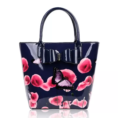 Womens Poppy Flower Butterfly Print Shiny Patent Large Shoulder Tote Bag + Purse • £29.99