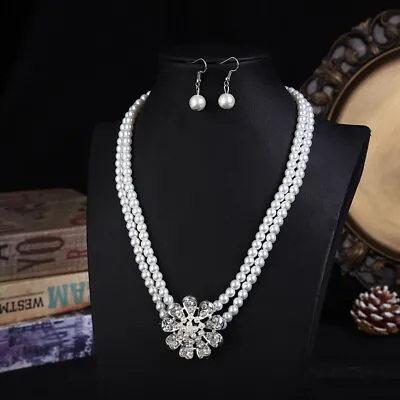 £5.49 • Buy White Pearls Flower Crystal Diamante Necklace And Earrings Set Costume Jewellery