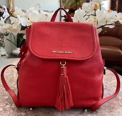 New Michael Kors Bedford Red Pebble Leather Flap Backpack Retail $428 • $305.99