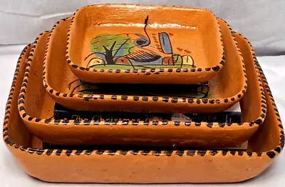 Vintage Set Of 4 Hand Painted Hand Crafted Mexican Nesting Serving Dishes Nature • $44.50