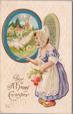 Vintage EASTER Embossed Postcard Dutch Girl / Dove / Windmill / 1914 Cancel • $5.25