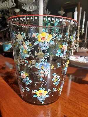 Large Moser Crystal Vase Bohemian Enameled Flowers Smoke Topaz Cut Glass Pontil • $500