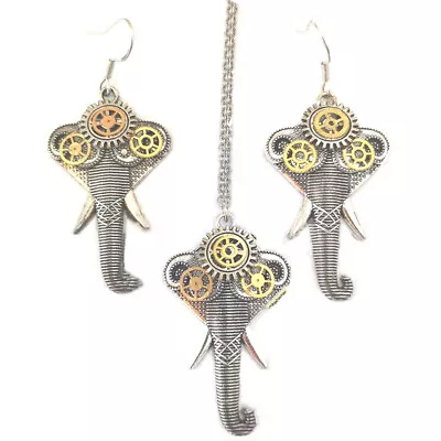 Steampunk Jewelry Set Necklace Pendant Earrings For Women Elephant Watch Parts • $22.99