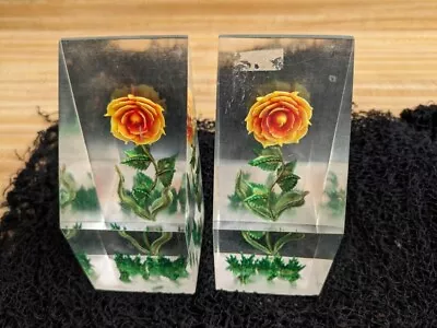 Vtg. Reverse Carved Lucite Bookends MCM Flowers Leaves Grass. • $45