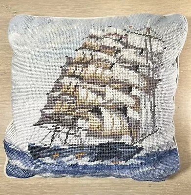 Vntg Nautical Throw Pillow Needlepoint Sail Boat Ship Schooner W/Cushion 13”x13” • $99.99