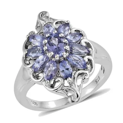 Tanzanite Cluster Ring In Platinum Over Sterling Silver (Size 8.0) 1.80 Ctw • £192.06