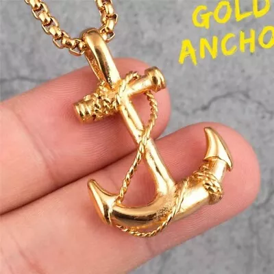 Mens Gold Nautical Pirate Anchor Pendant Necklace Punk Biker Jewelry Chain 24  • $9.99