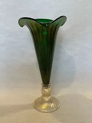 Vintage Monumental Murano Green & Gold Art Glass Trumpet Vase 19 1/2  Tall • $799.99