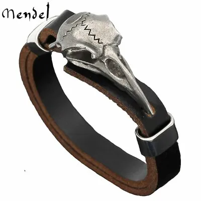 MENDEL Mens 8 9 Inch Norse Viking Leather Raven Crow Skull Bracelet Wristband • $18.99