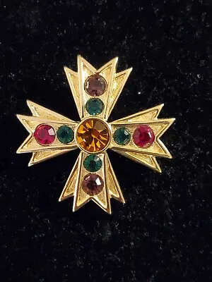 Retro NAPIER Rhinestone Maltese Cross Brooch Pin Gold Tone • $24.99