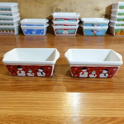 Pair Of Mini Bread Loaf Pans CHRISTMAS Snowman Family Ceramic - Swanky Barn • $8.95