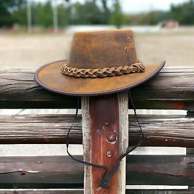Crazy Cowboy Distressed Brown 100% Real Leather Hat Australian Western Style UK • £21.08