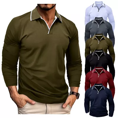 Men Fitted Long Sleeve V-Neck Basic T-Shirt Shirt Lapel Regular Long Sleeve Tops • $18.61