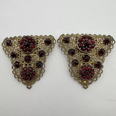 Vintage Art Deco Gold Gilt Brass Filigree Garnet Rhinestone Dress Clip Pair • $10.50