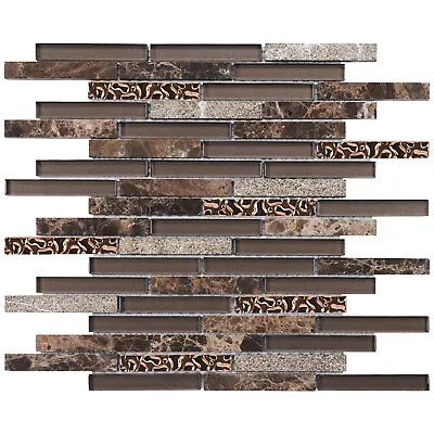 Brown Emperador Dark Marble Stone Glass Rose Gold Trim Mosaic Tile Backsplash • $269.50