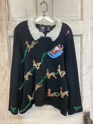 Michael Simon Black Christmas Cardigan Sweater 3X Reindeer Rudolph • $74.99
