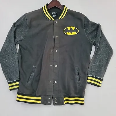 Batman Varsity Jacket Snap Button-Up DC Comics Mens LARGE Black Gray Yellow • $9.95