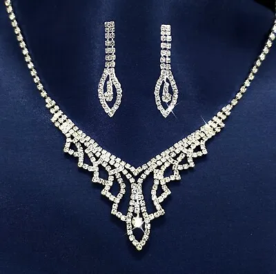 Silver Diamante CZ Crystal Bridal Wedding Set Choker Necklace Earrings Prom UK  • £4.95
