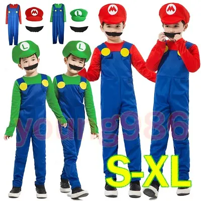 Halloween Kids Boys Super Mario And Luigi Fancy Dress Plumber Bros  Costume USA • $14.89