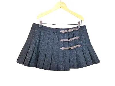 Burberry Vintage Grey Wool Pleated Kilt Mini Skirt Size 42 Leather Strap Y2K 90s • $343.48