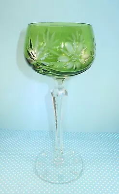 Vintage Bohemian Etched Wine Glass Peridot Green Colored Crystal Goblet 7.5  • $18