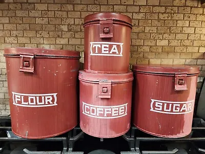 Set Of 4 Rustic Vintage Style Tin Jars Flour Sugar Coffee Tea • $17.95