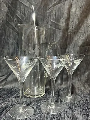 Etched Glass Martini Set Pitcher Stirrer 3 Glasses • $19.99