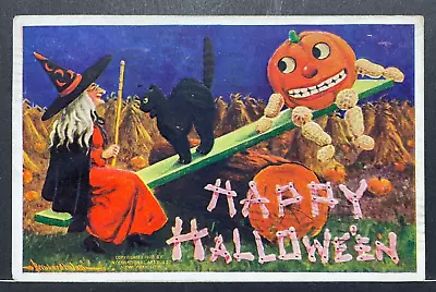 Halloween Postcard International Art Publishing  Witch Cat J-O-L On See-saw 1909 • £43.43