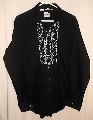 Vintage Ruffle Tuxedo Shirt Black Western Pearl Snap Formal Dance Wedding Large • $58