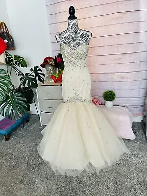 Mori Lee Rhinestone Tulle Corset Strapless Mermaid Cream Prom Dress Size Size 4 • $99