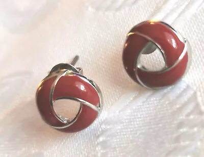 VINTAGE RICH CLARET RED ENAMEL SILVER TONE CELTIC KNOT EARRINGS 1980's SIGNEDM&S • £5