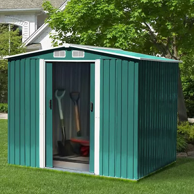8*8ft Metal Steel Cabin Tool Box House Apex Roof Garden Shed Sliding Doors Green • £349.95