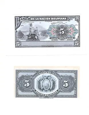 BOLIVIA 5 Bolivianos 1911 P-105p F&B Proof Banco De La Nacion Uncirculated • $249