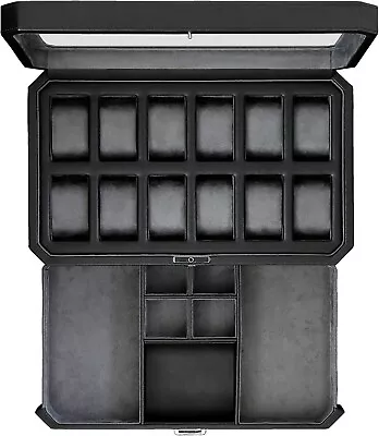 Watch Box With Valet Drawer For Men 12Slot Luxury Case Display Organizer Storage • £128.89