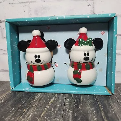 READ Disney Mickey & Minnie Mouse Snowman Ceramic Salt & Pepper Shaker • $19.95