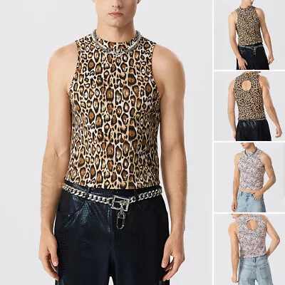 Mens Sleeveless Leopard Printed Tank Tops Vest Holiday Beach Party Tee T Shirt • £9.49