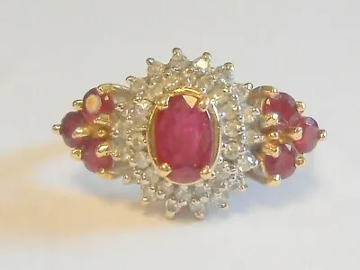 Stunning Vintage 1.5 TCW Red Ruby Diamond Halo 14K Yellow Gold Ring Size 7 • $699