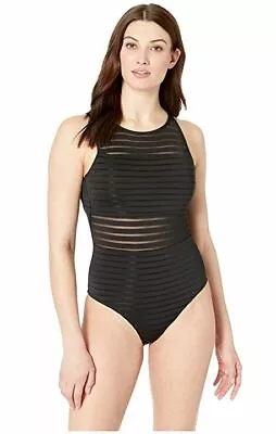 New $199 Jets Women's Black Sheer Striped High Neck One Piece Swimsuit Size 8 • $29.98