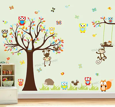 £8.98 • Buy Huge Owls Monkey Tree Jungle Animal Wall Stickers Art Decals Baby Nursery Kids