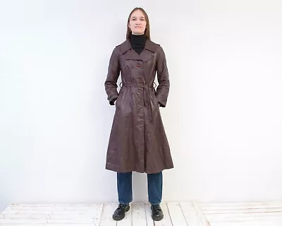 80s Womens M Leather Brown Belted Coat Overcoat Trench Mac Below The Knee VTG • $49.59