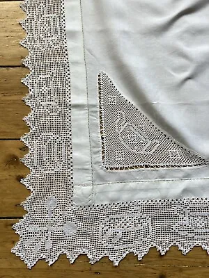 Antique Linen Lace Edged Table Cloth With Teatime Motifs • £20