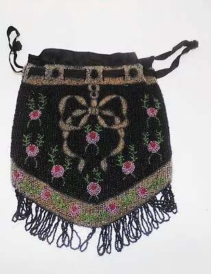 Antique Black Beaded Purse Floral Bow Ribbon Drawstring Beaded Bag • $69.99