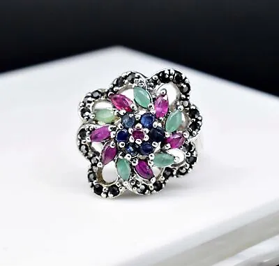 Natural Emerald & Sapphire 36.75 Gm 925 Sterling Silver Flower Design Charm Ring • $72.88