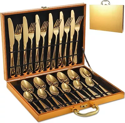 24 PCS Gold Silverware Set Gold Forks And Spoons Stainless Steel Gold Plated • $29.09